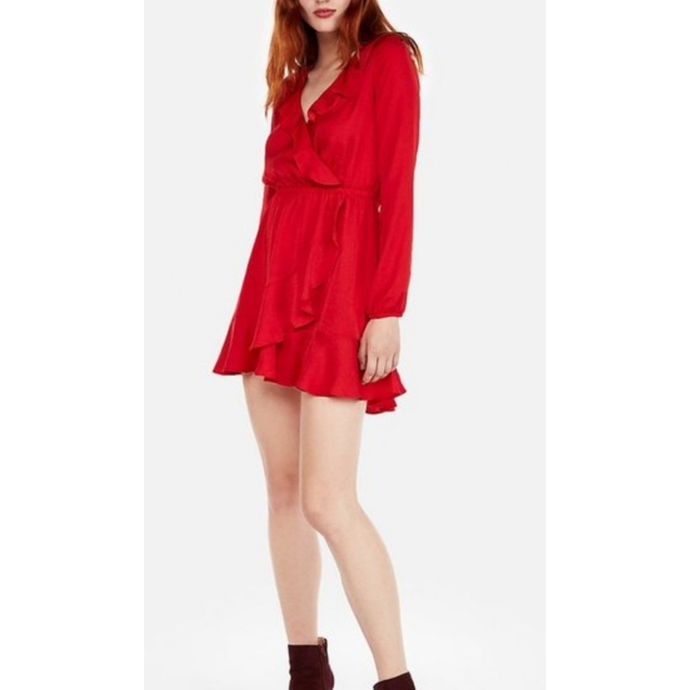 Express Factory Faux Wrap Ruffle Mini Dress Red Size L - Picture 2 of 11